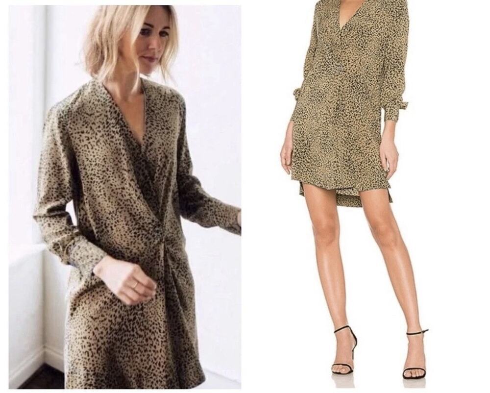 Rag & Bone Shields Slip Mini Dress Tan Drape 100% SILK Animal Print Size L